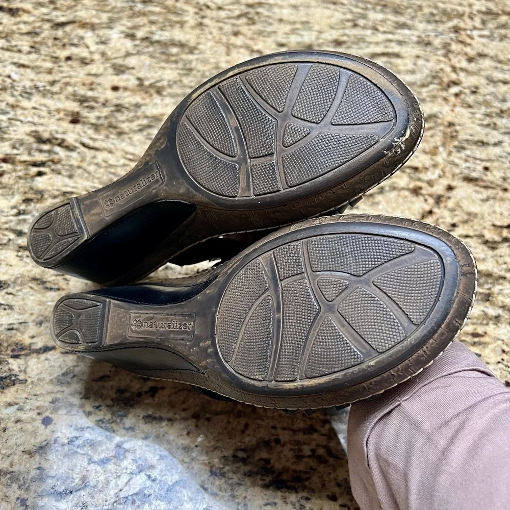 Naturalizer Black‎ Leather Woven Wedge Sandals Slides Comfortable Shoes - Picture 6 of 7